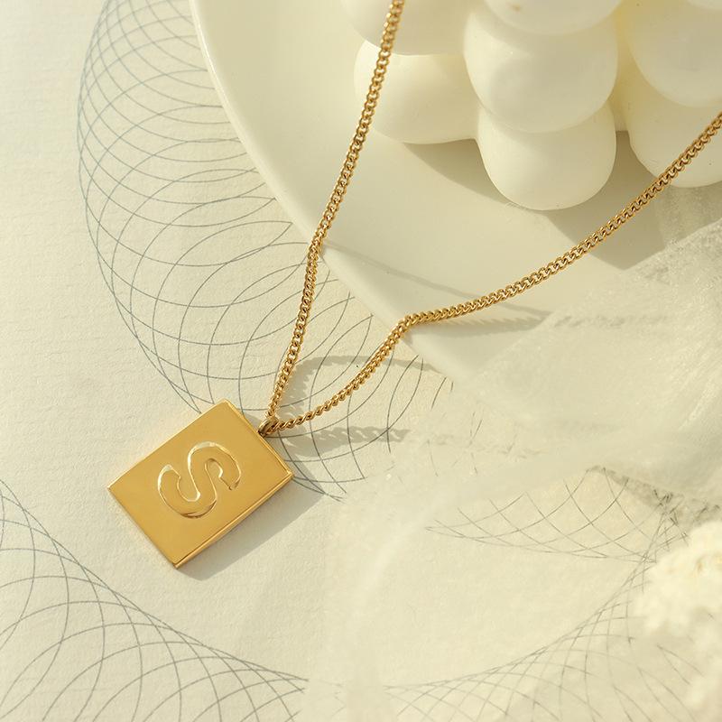 18K Gold-Plated Titanium Steel Initial Pendant Necklace with Square Plate
