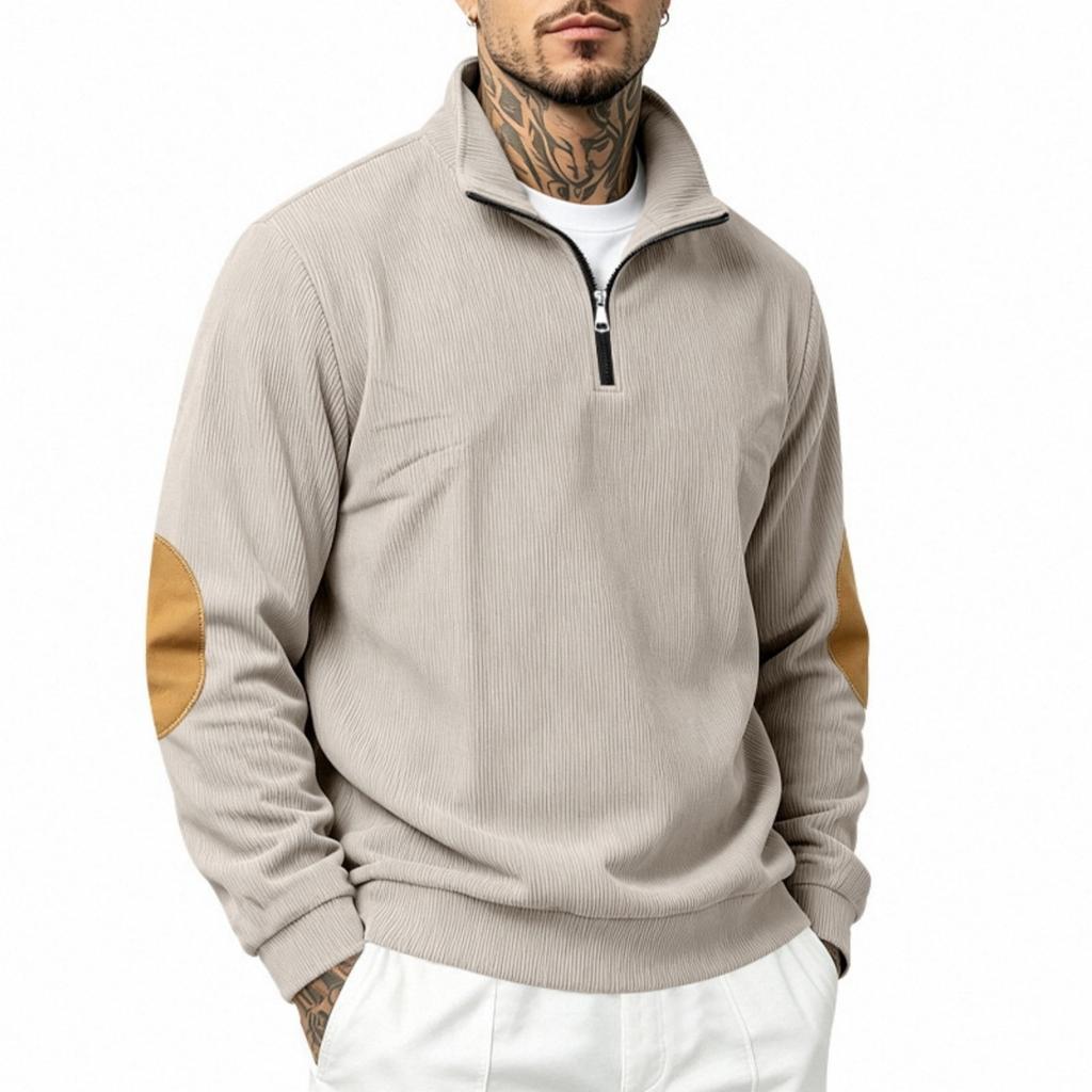 Men's Half-Zip Hooded Long Sleeve Loose Fit Sweatshirt with Paneled Stitching