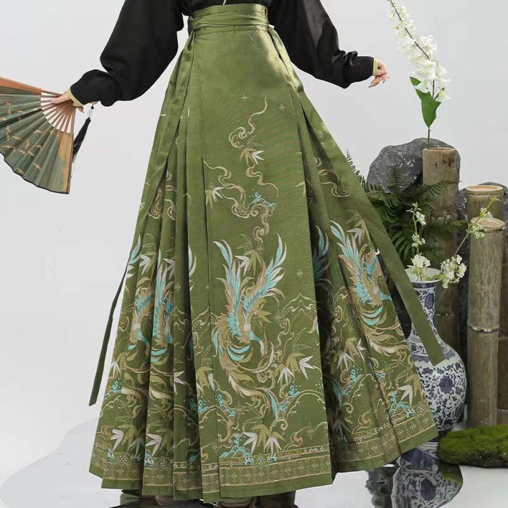 Gonna A Faccia Di Cavallo Hanfu - Gonna Lunga Trapezio Con Ricamo Fenice, Vita Alta, Stile Cinese Tradizionale