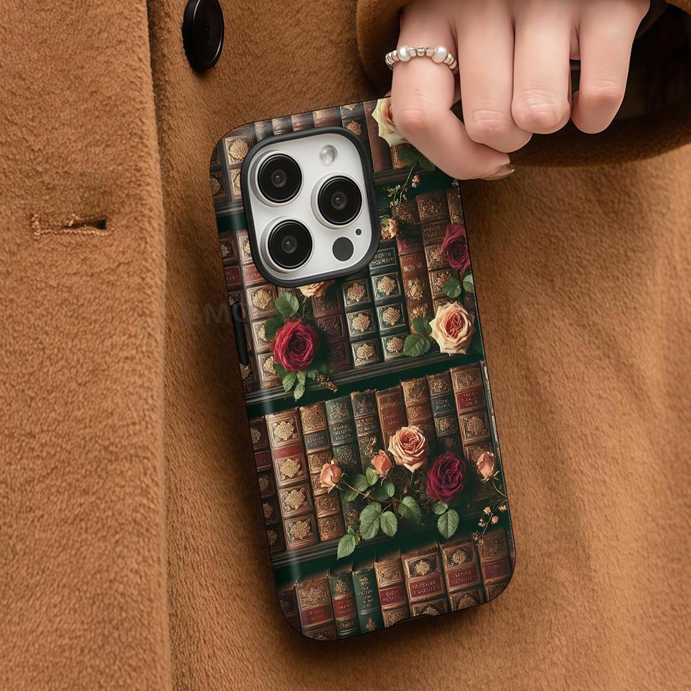 Processed literary and artistic fan retro rose bookshelf flower apple 16 magnetic mobile phone case iPhone17 protective case