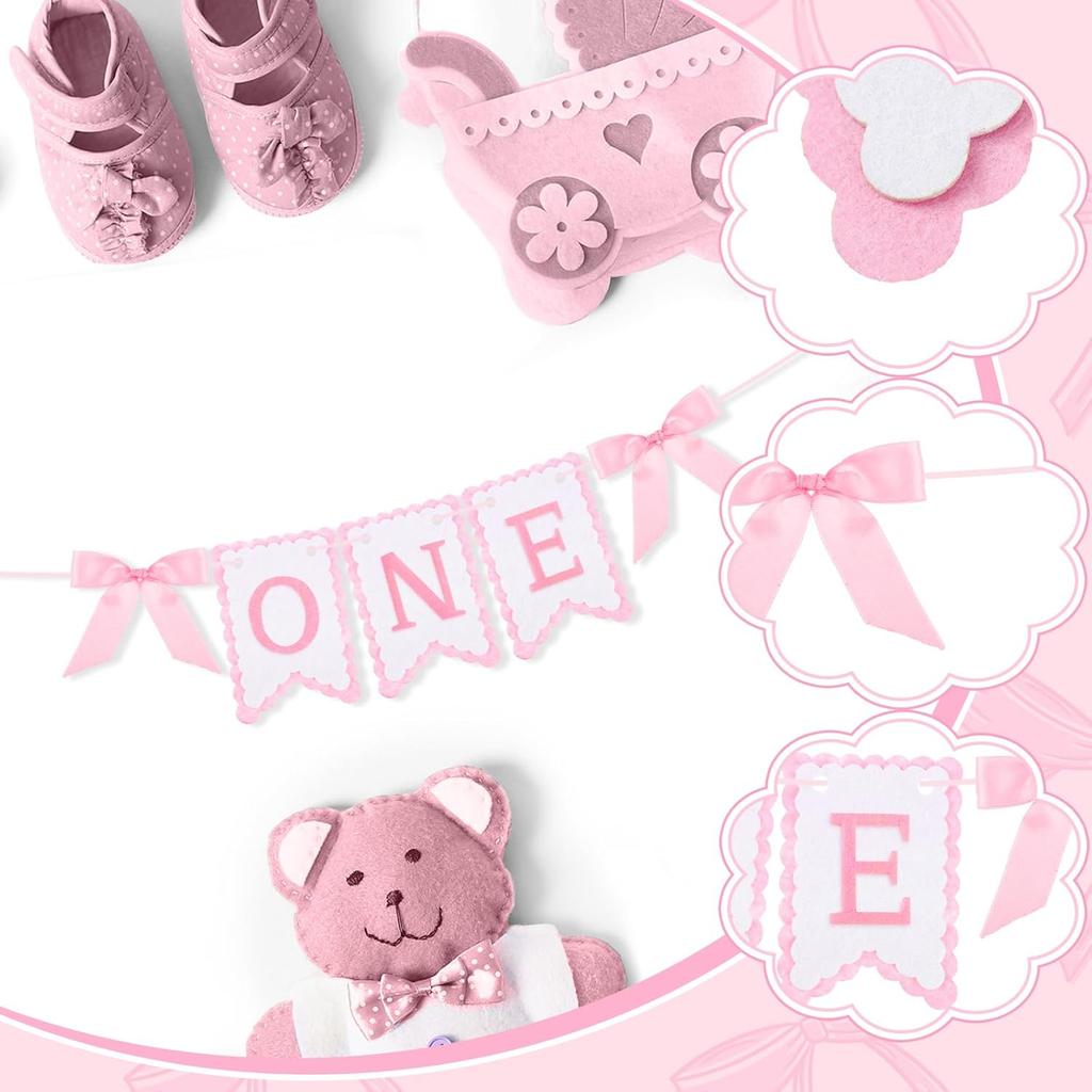 VitalCozy Pink Felt Coquette Bow One High Chair Banner for Girl First Birthday High Chair Banner Sweet One Bow 1st Birthday Decorations (Classic)