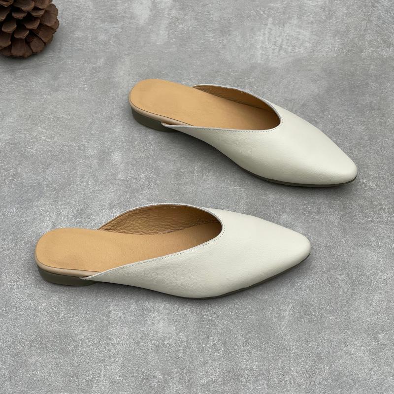 Johnature Pointed Toe Genuine Leather Women's Slippers Casual And Versatile Soft Cowhide Outdoor Slip-on Shoes
