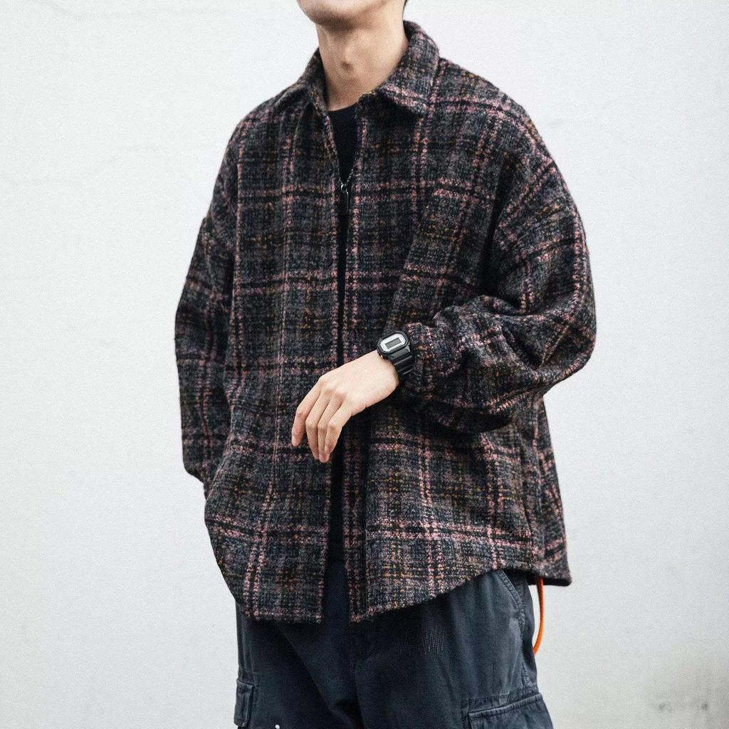 Men's Retro Plaid Wool Jacket - Long Sleeve, Versatile Casual Coat for Spring and Autumn