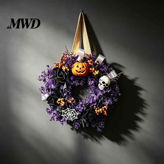 Wall Fireplace Hanging Ornaments Halloween Wreaths for Front Door, Skull Pumpkin Wreath with Berries, Black Spooky Bat Cabin Party Props Roses, Purple