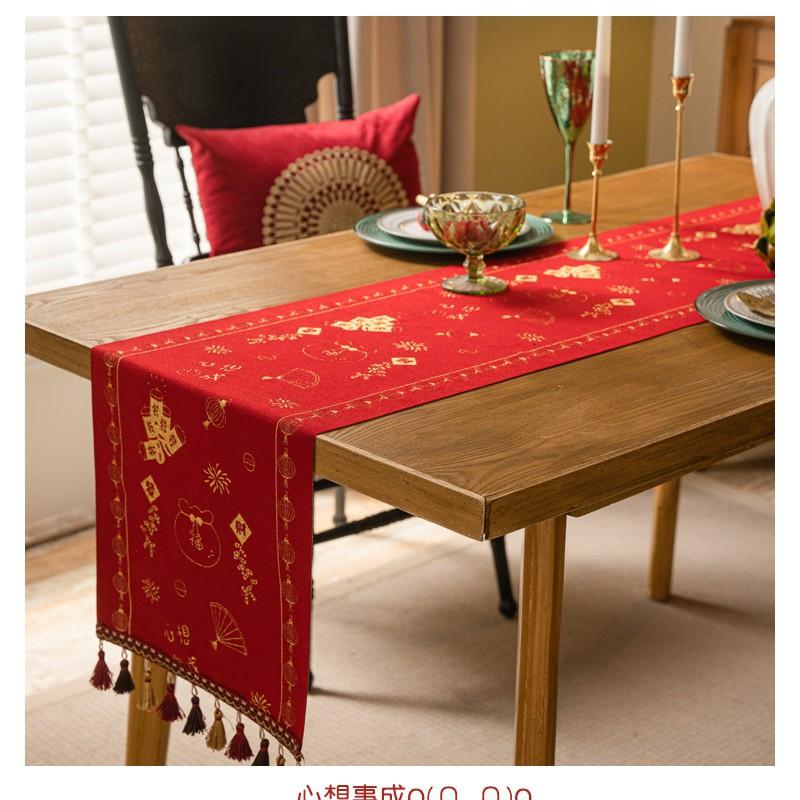 Red Chenille Table Runner Chinese New Decor Festive Long Tablecloth With Tassel Trim Living Room Dining