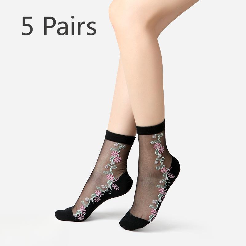 5 Paar Damen Frühling und Sommer Dünne Blume Anti Seide Klare Baumwollsohlen In der Röhre Socken