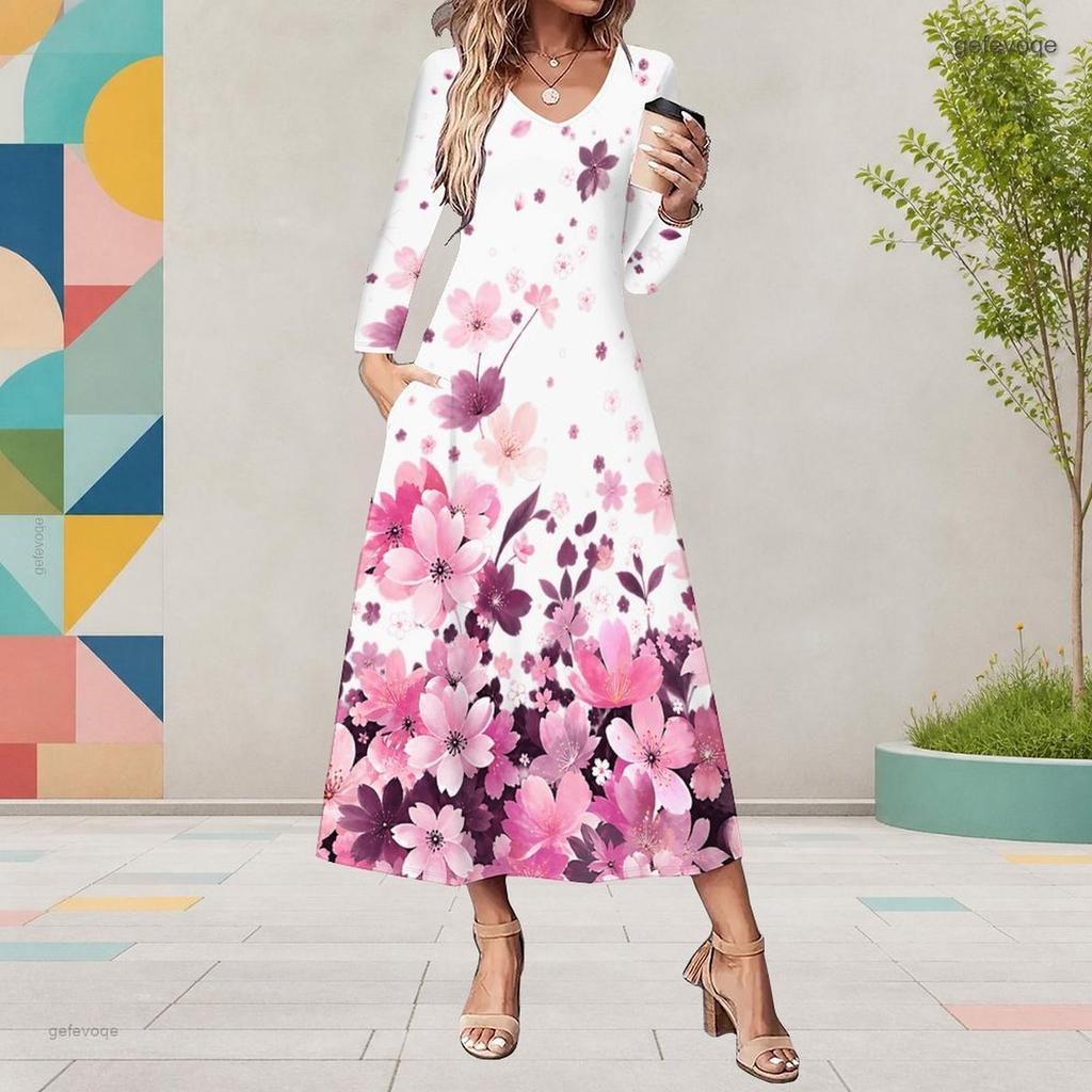 Women Plus Size V Neck Long Sleeve Sunflower Print Black A Line Midi Dress With Pockets
