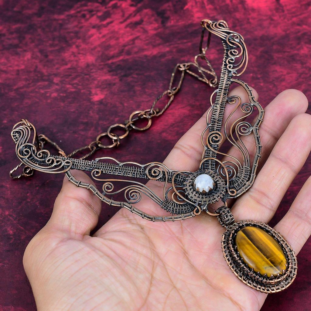 Tiger's Eye Real Gemstone Necklace Copper Wire Wrapped Adjustable Chain Necklace