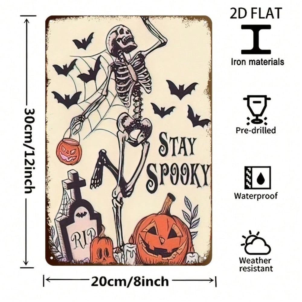 Spooky Skeleton Pumpkin Halloween Metal Sign, Vintage Retro Tin Plaque for Wall, Haunted House Bar Cafe Decor