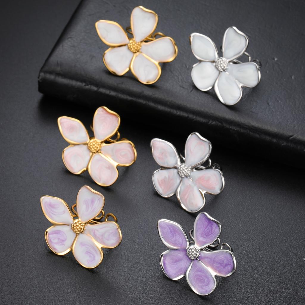 Adjustable Enamel Flower Ring's for Women Girls Stainless Steel Open Rings Waterproof Jewelry Party Valentine's Day Gifts