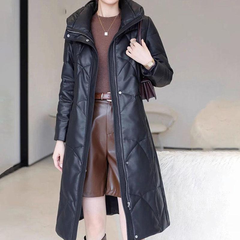 Winter Women's Genuine Leather Jacket Over-the-Knee Long Sheepskin Padded Coat Thickened Windproof Warm Camel Wool Coat