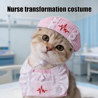1 Set Cute Pet Nurse Costume Pink White Stripes Nurse Cap And Pet Bib Adjustable Embroideried Hat for Cats And Small Dogs Cosplay Dress Up Accessory