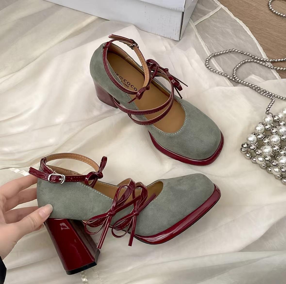 

Women s Spring/Fall Retro French-Style Chunky-Heeled Open-Toe Pumps: Height-Enhancing and Slimming Mary Jane Shoes 40 зелений