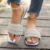 Plus Size Women's Korean Style Solid Color Square Toe One Strap Rhinestone Flat Slip on Slide Sandals