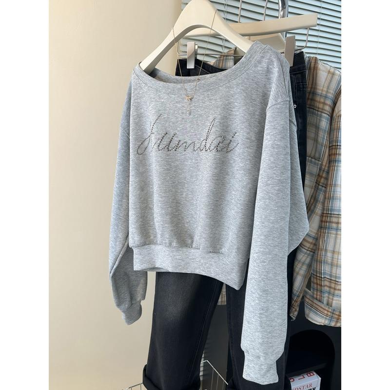 

Real shot Spice Girl one-word shoulder long-sleeved sweater women s thin loose hot diamond top trendy 2XL сірий колір