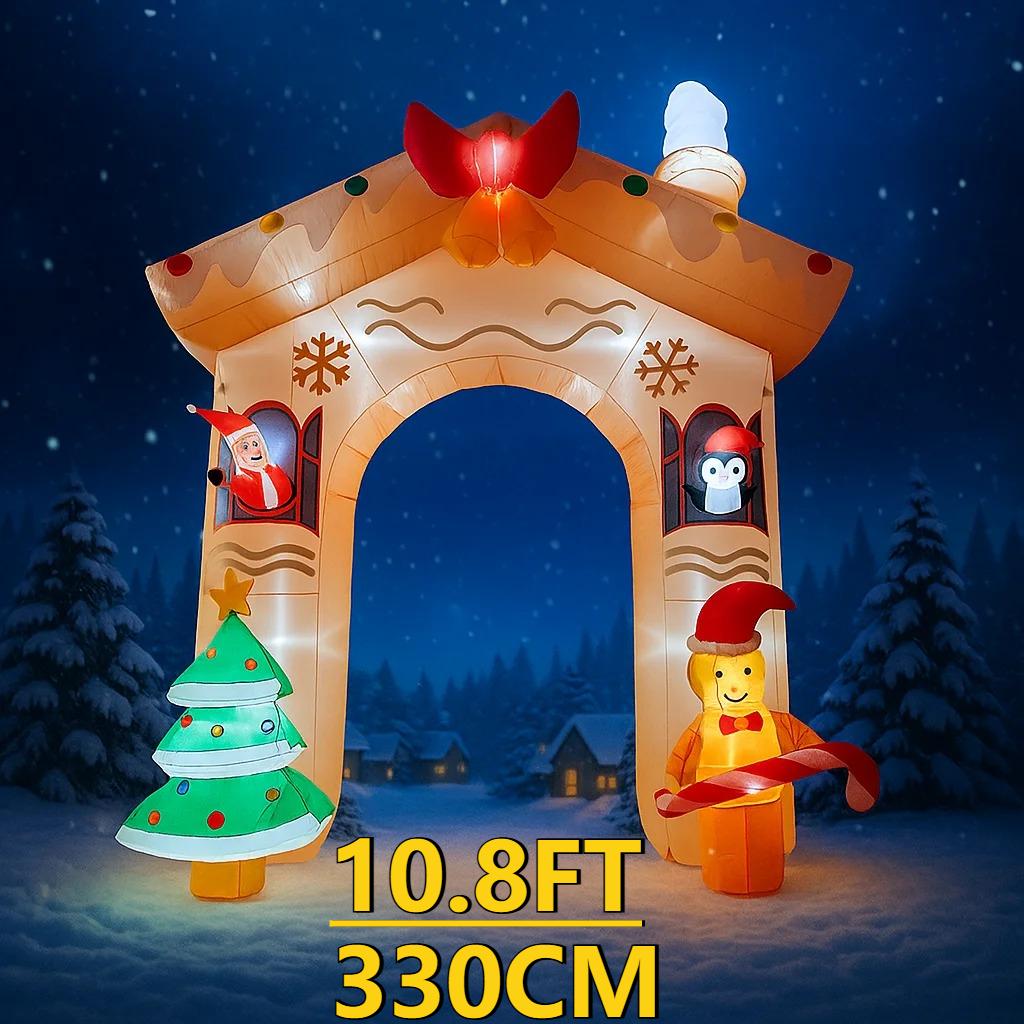 10.8FT LED Inflatable Xmas Yard Archway Decor Santa Penguin Gingerbread Man Xmas Home Decorations Ornament Supplies Toy Gift