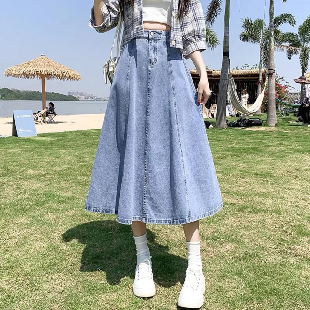 Loose Embroidered Denim Wash Long Halters Skirt