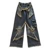 2024 High Waist Dark Retro Wide Leg Star Design Raw Edge Floor-Length Jeans