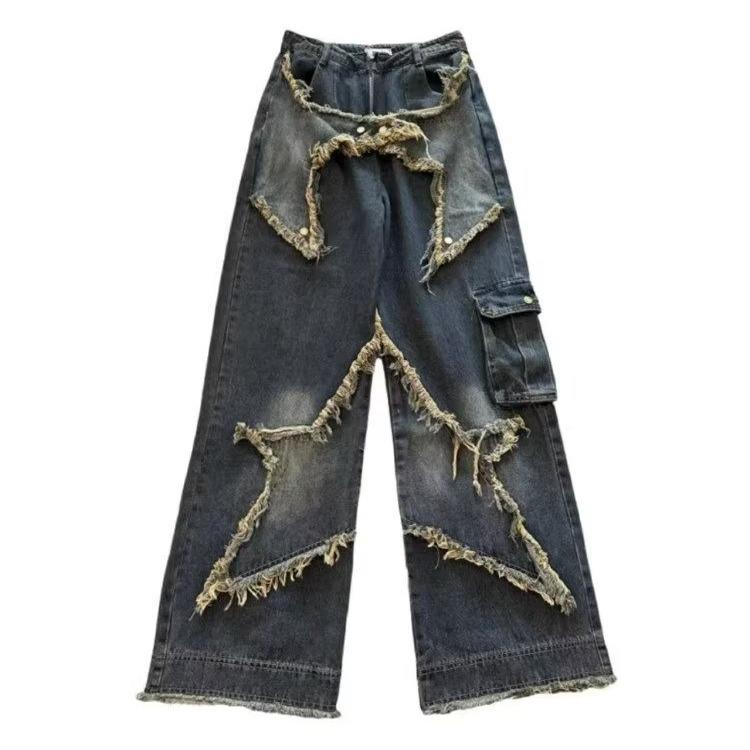 2024 Høy midje Mørk Retro Vide ben Stjernedesign Rå kant Gulvlange Jeans