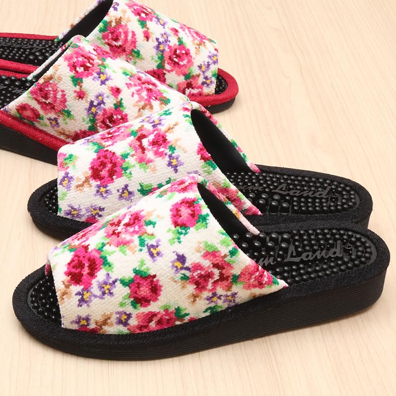 Made in Japan Chenille Floral Rose Healthy Slippers Reflexology Room Rose [Healthy Sandals, Shoes, Design] (Red)