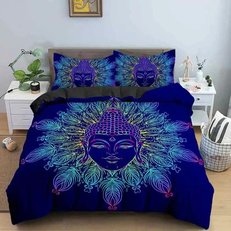 Buddha Bedding Collection Indian Religion Buddhism Meditation Mandala Duvet Cover Smile Buddha Floral Soft Quilt Cover Queen King Size