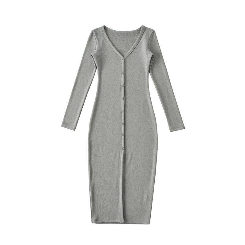Women's Slim-Fit Brushed V-Neck Long-Sleeved Dress with Waist-Cinching, Mid-Length Skirt.