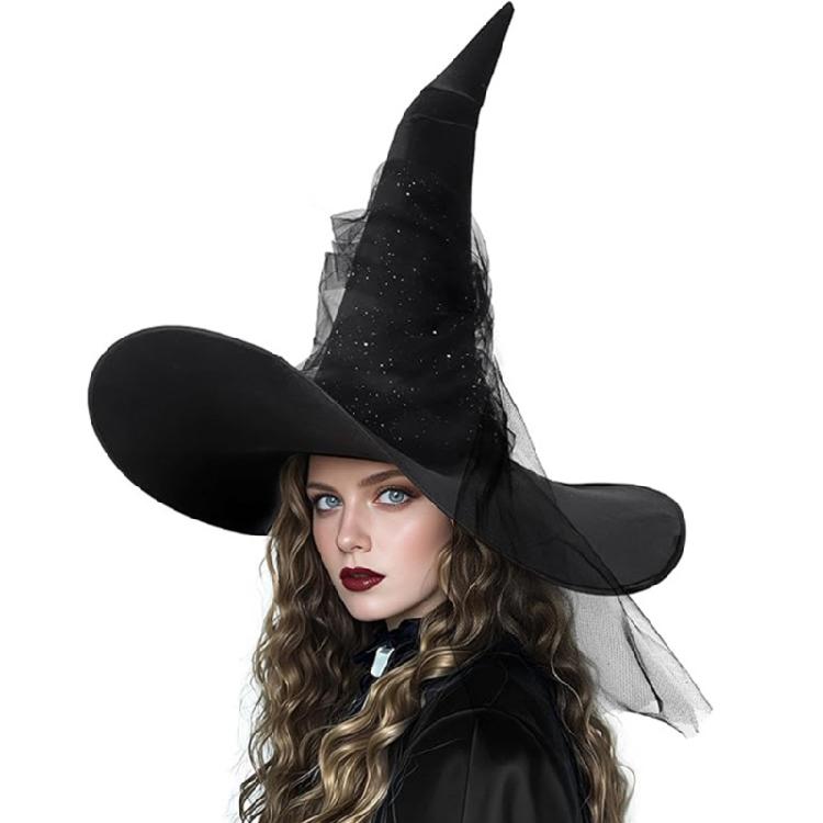 

Halloween Party Witch Hat for Women Cosplay Tulle Crinkled Wizard Caps Fashion Costume Caps Festival Pointed Witch Caps 1 чорний