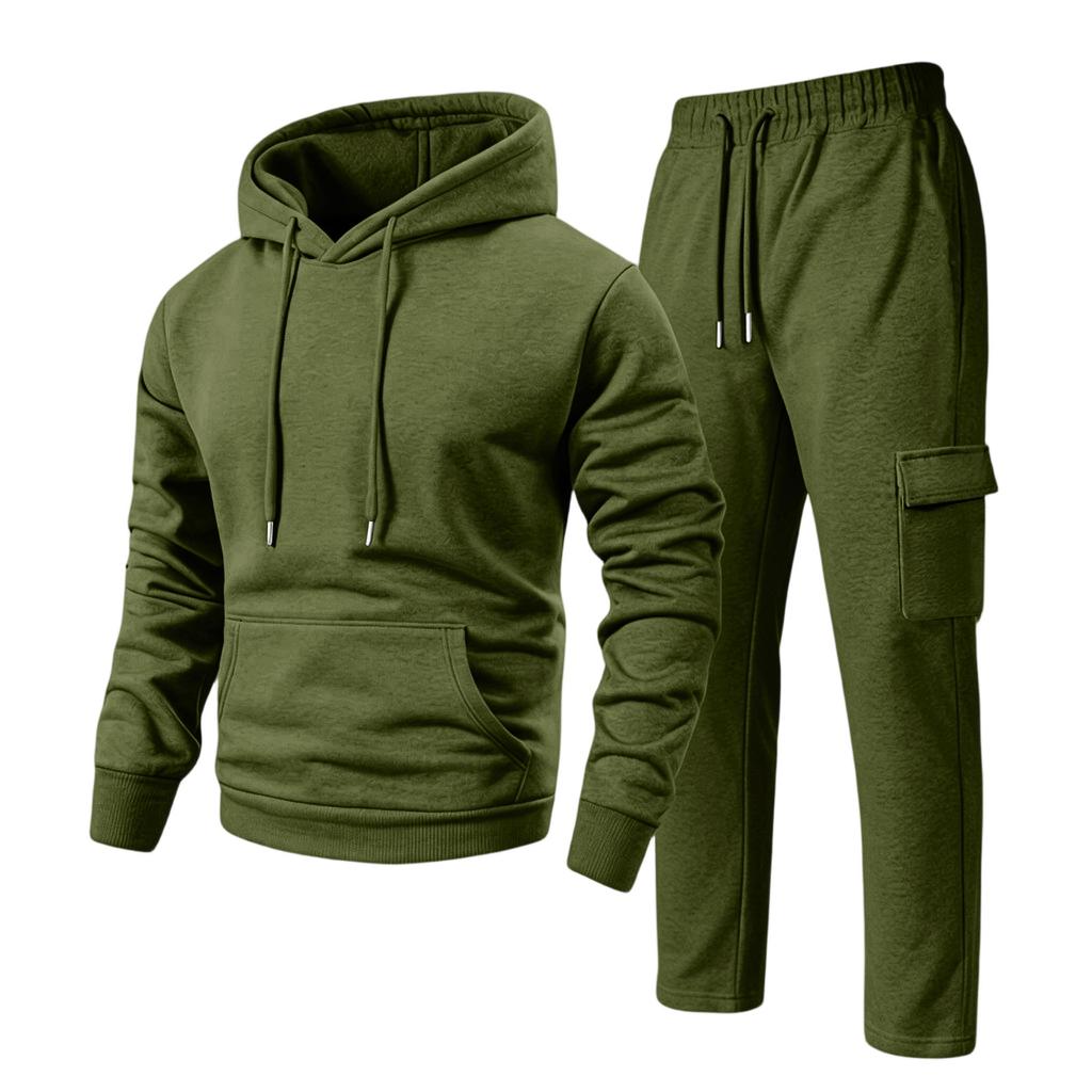 Men's Casual Hooded Zip-Up Jacket and Multi-Pocket Cargo Jogger Pants 2-Piece Set for Outdoor Sports