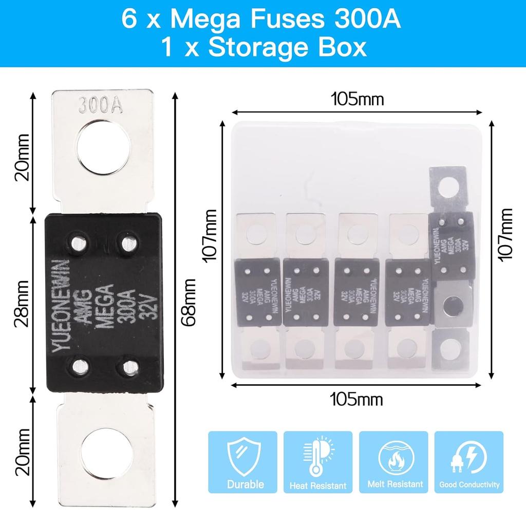 300A MEGA/AMG Fuses, 6 Pcs 300A MEGA/AMG High Current Fuse Bolt Down Auto Fuse Time Delay for Cars, Trucks, Construction Vehicles, Buses, Caravans,