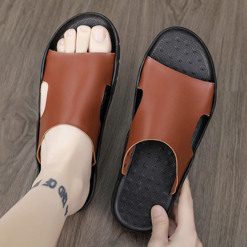 Sandals Mens Leather Classic Summer Men Slippers Soft Black Slippers PU Leather Slippers Lightweight EVA Slides for Men