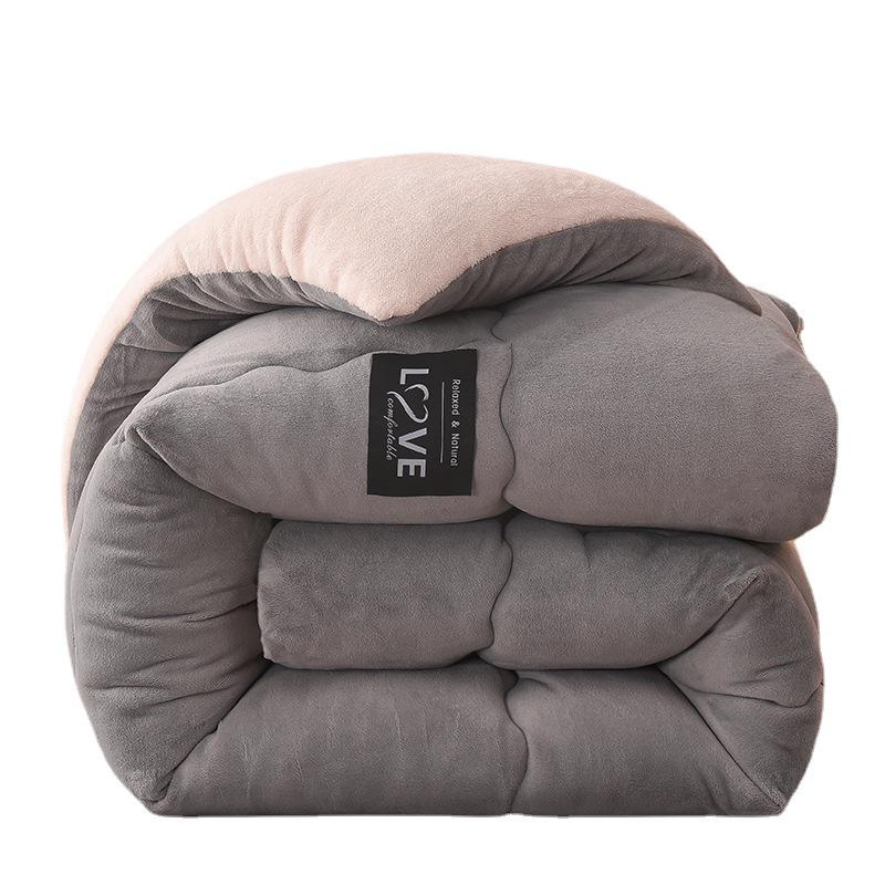 Solid Color Milk Velvet Winter Quilt with Flannel & Lambswool Core - Thick Warm Mattress Topper