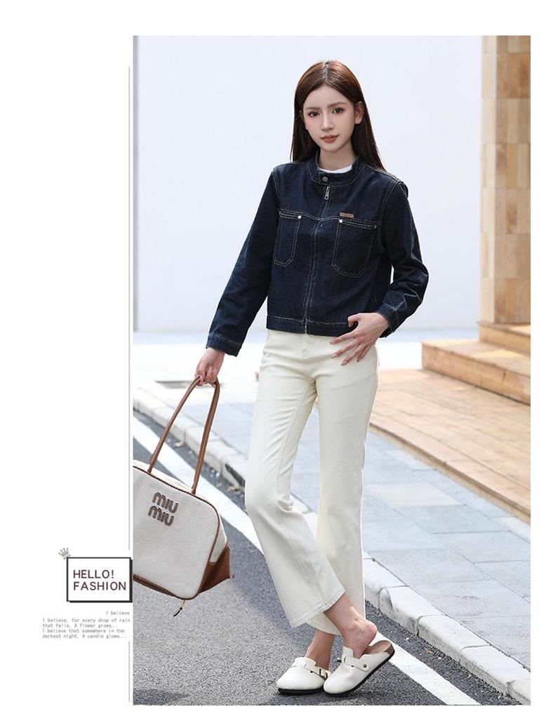 French-Style Distressed Stand Collar Zipper Motorcycle Denim Jacket