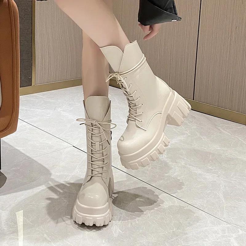 Fashion 9CM Women's Mid-Calf Boots New Fashion Lace-up Patent Leather Chunky Shoes Autumn High Heels Platform Motorcycle Boots For Woman