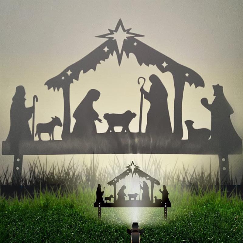 Jesus Birth Silhouette: Outdoor/Indoor Black Wrought Iron Ornament