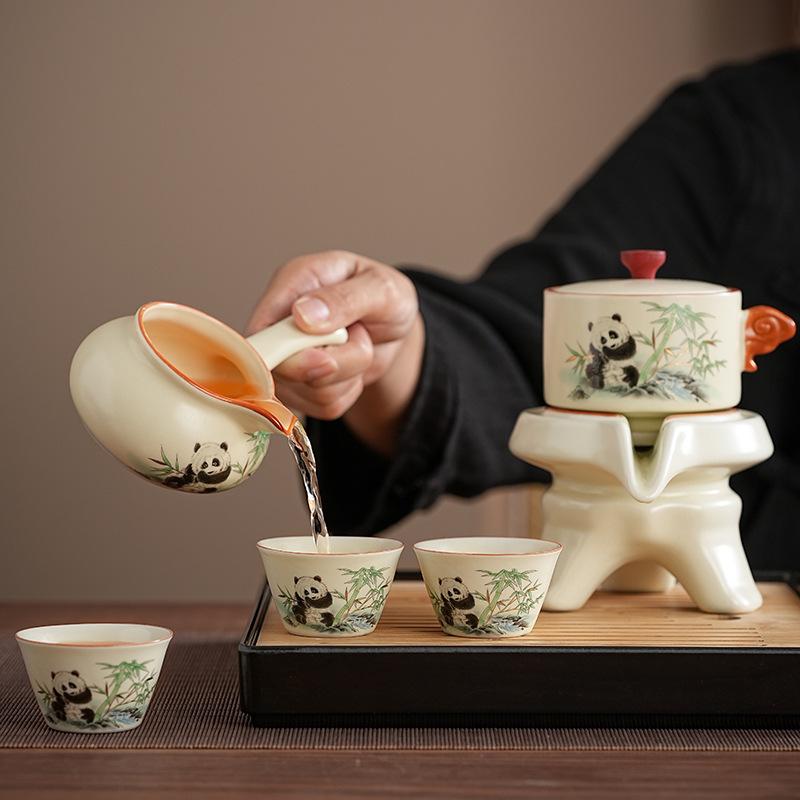 Home tea drinking office stone grinding teapot cute panda tea Ru kiln lazy tea cup business festival