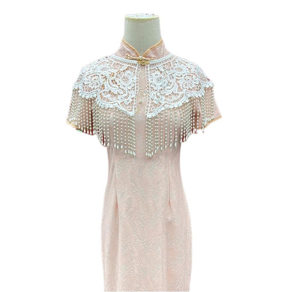 Handmade Pearl Tassel Shawl Vintage False Collar Hanfu Accessory Lace Shawl  Spring