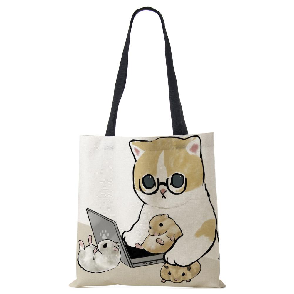 Cat Cartoon Canvas Shoulder Bag Women Print Harajuku Casual Shopping Tote Bag Reusable Large Capacity Folding Handbag CLE