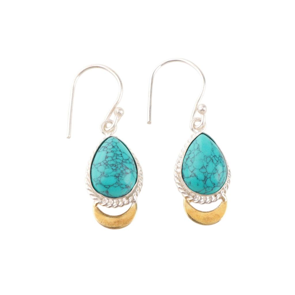 Blue Turquoise Gemstone 925 Stamped Silver Handmade Jewelry Dainty Earrings 1.5" EE-162-32