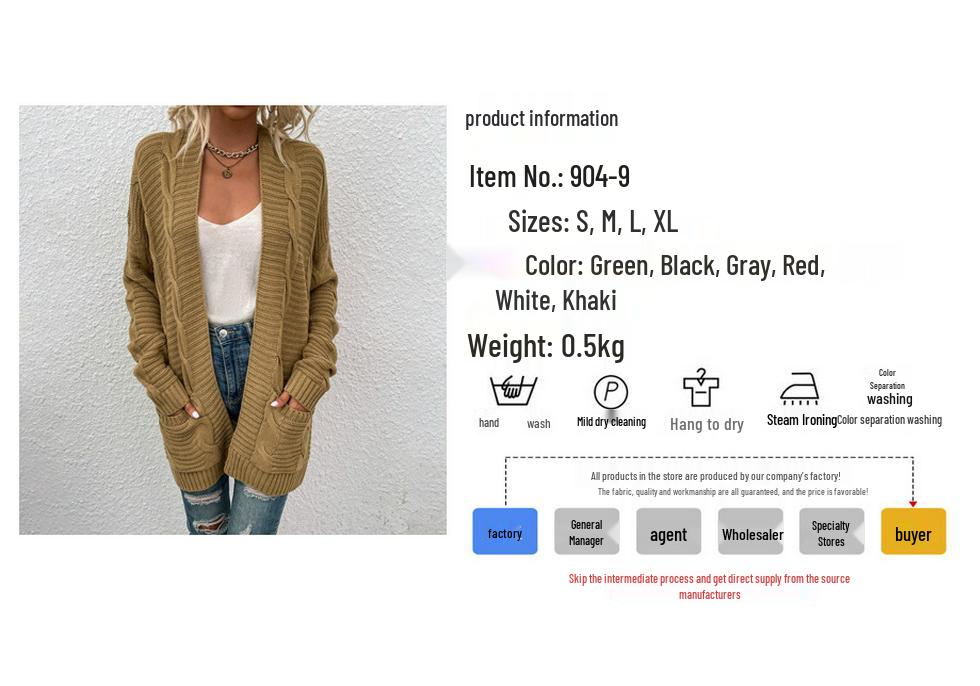Women's Cable Knit Cardigan - Mid-Length, Twisted Rope Design for Autumn/Winter 2023