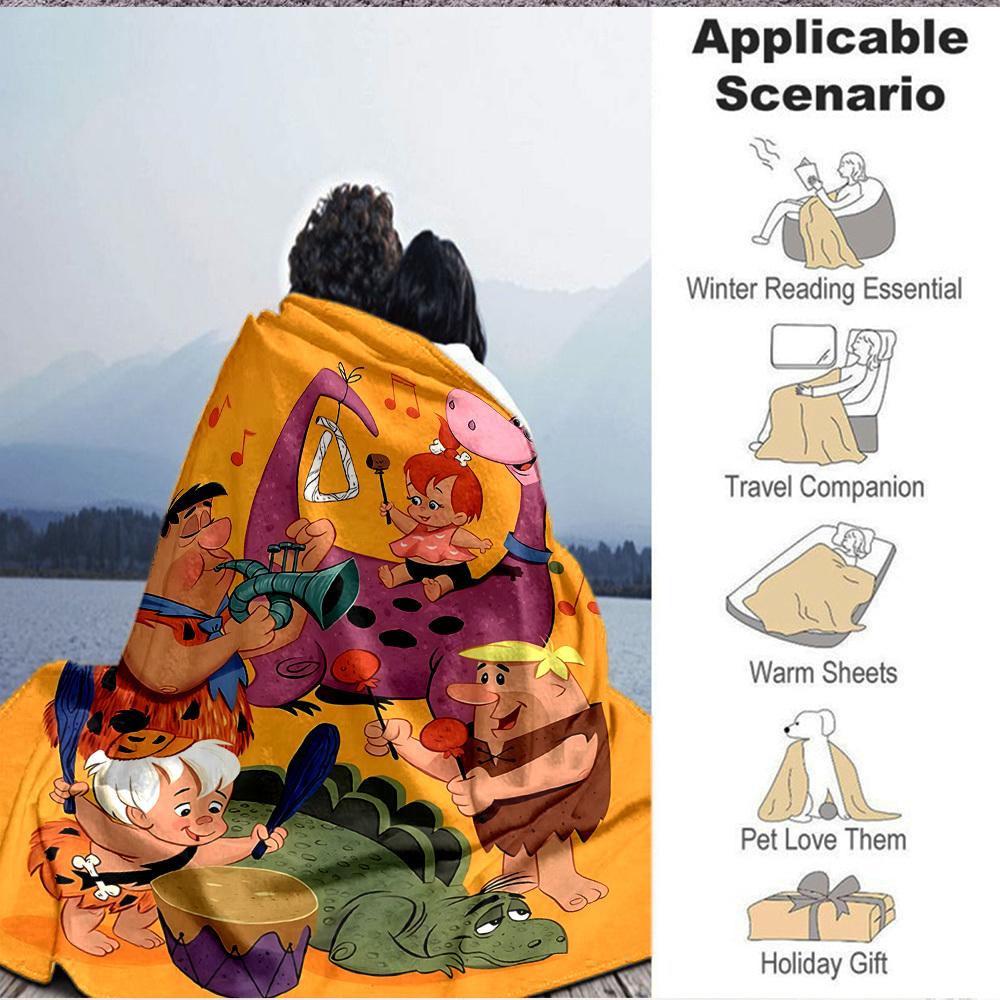 1pc Flintstones Flannel Throw Blanket HD Printed Lightweight Soft Warm All Season Blanket for Sofa, Bed, Travel, Camping Machine Washable
