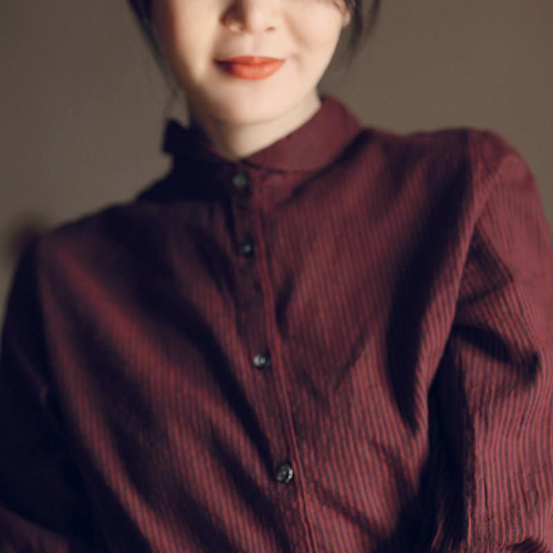 Retro College-Style Striped Cotton Blouse - Women s Long-Sleeve, Soft, Loose-Fit for Spring M