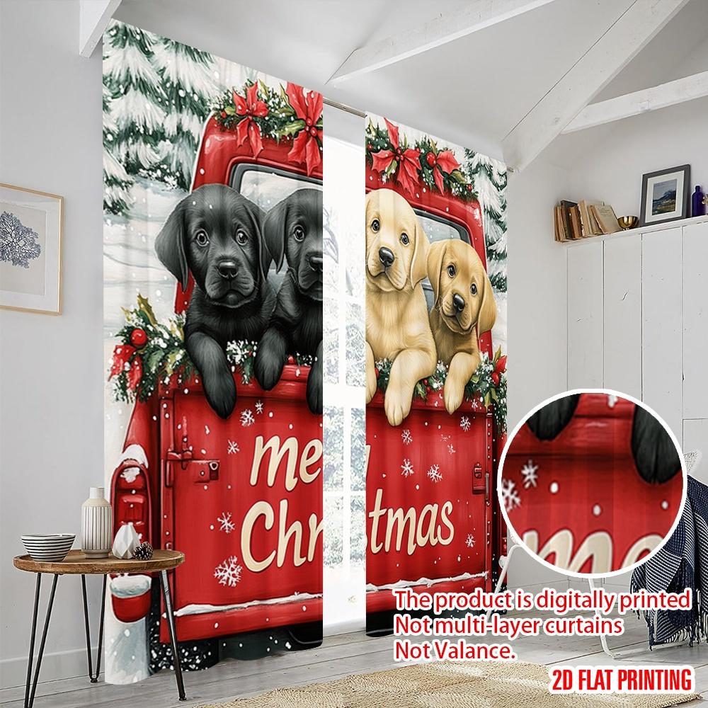 2pcs,2D Plane Printing Contemporary Curtains Cute Lab Puppies Christmas Truck (3) 100% Polyester (without Rod) Versatile All Use