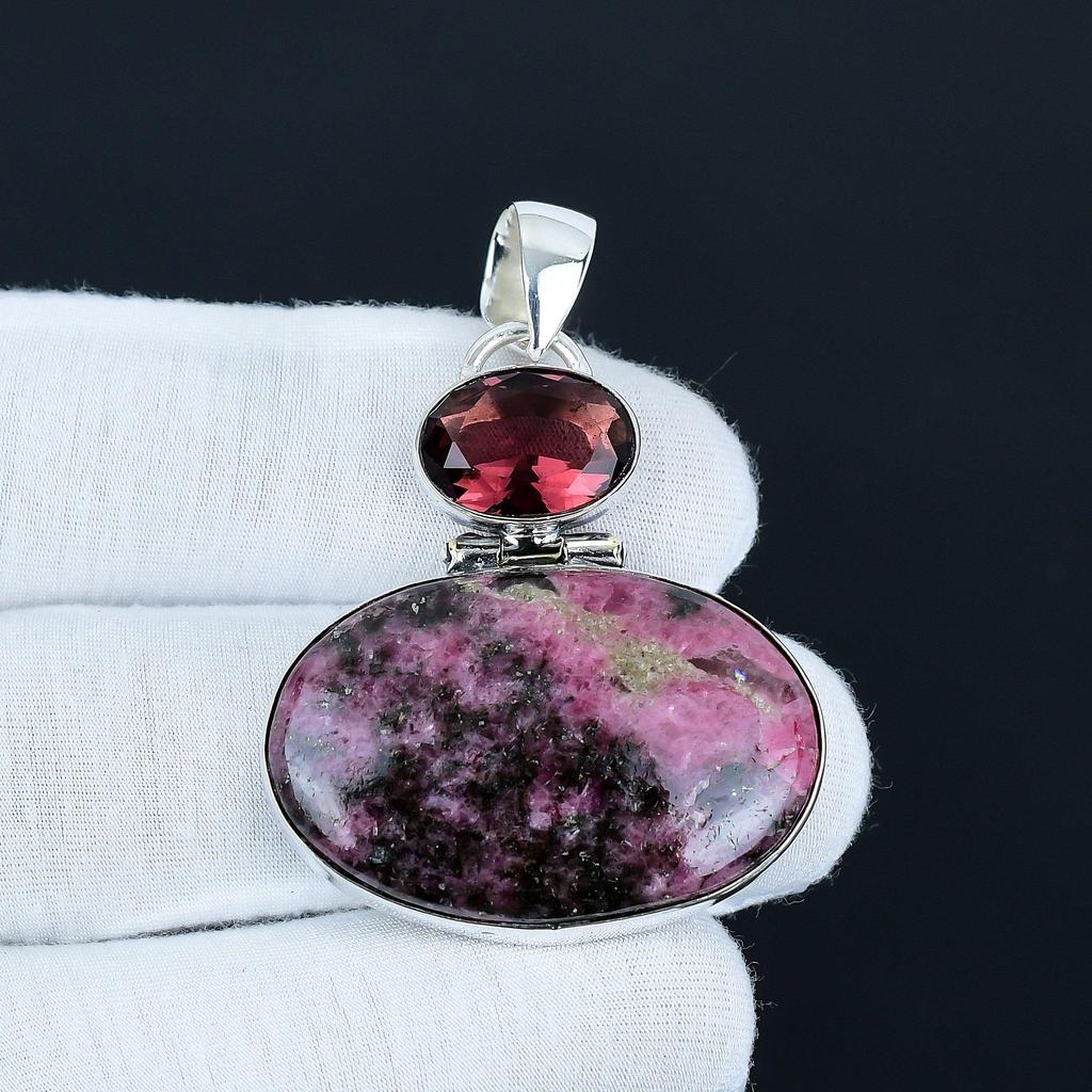Rhodonite & Rubellite Gemstone Pendant, 925 Sterling Silver Jewelry, Silver Pendant, Unique Jewelry, Necklace Pendant Gift For Bestfriend