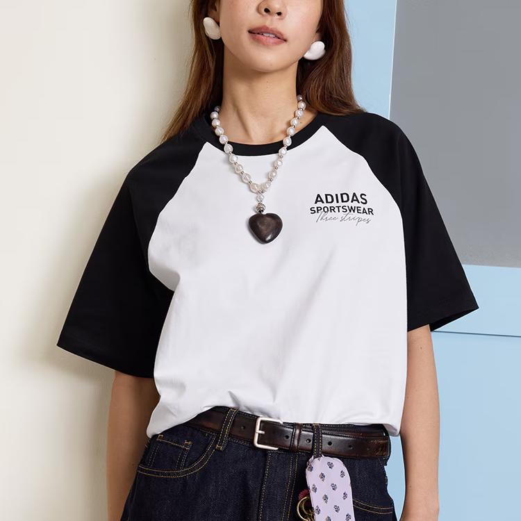 Adidas Loose Fit Crew Neck Raglan Short Sleeve T-Shirt Classic Two-Tone Casual Daily Streetwear Pullover Unisex White Black JZ0099