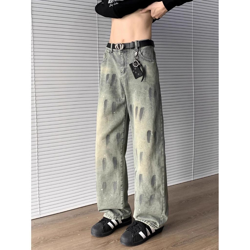 Heavy graffiti loose wide-leg jeans men's American old retro washed nostalgic micro-straight trousers
