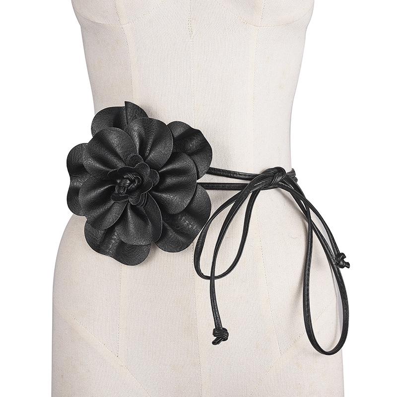 Bohemian Style PU Leather Floral Waist Tie Belt with Bow