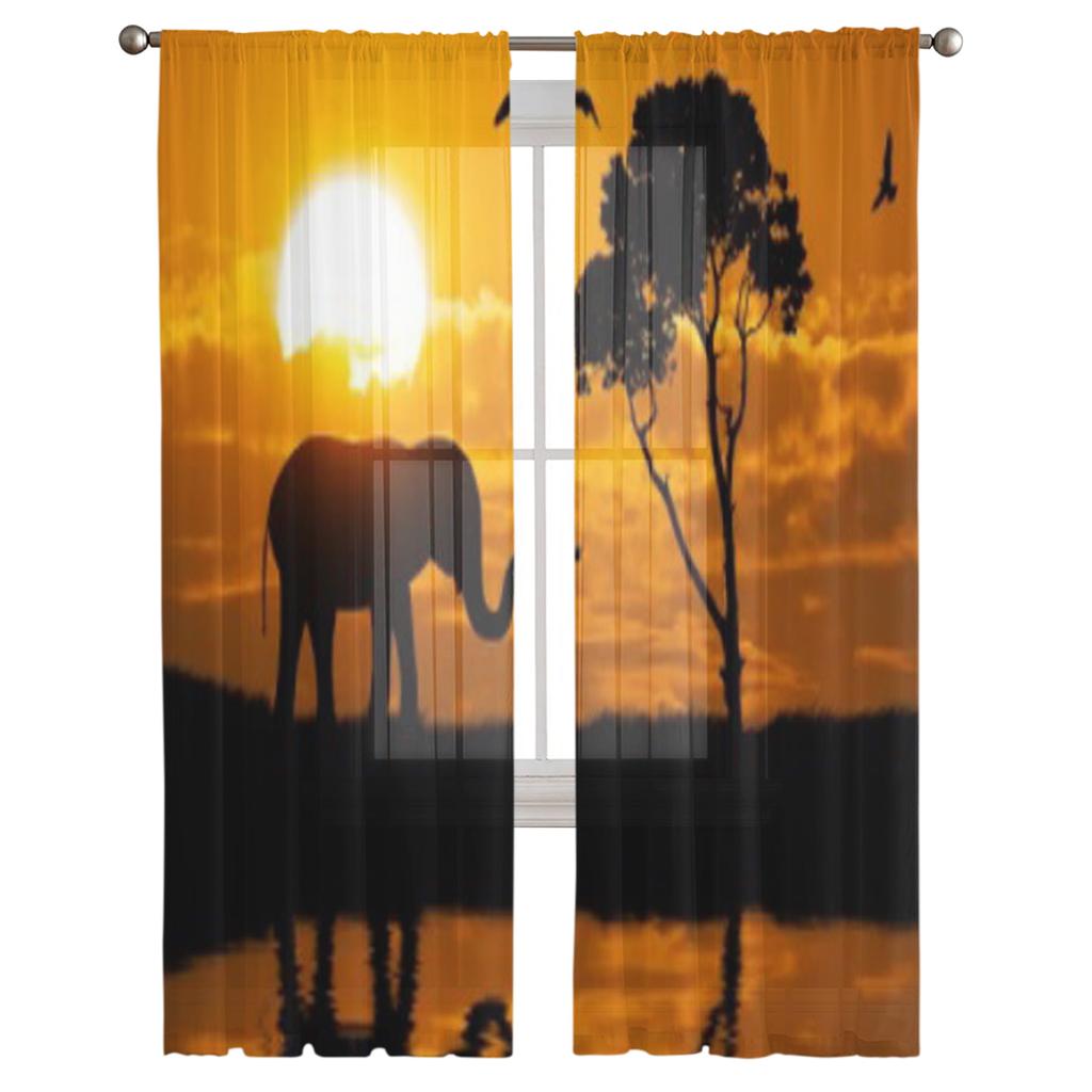 Silhouette Of Elephant Luxurious Chiffon Sheer Curtains for Living Room Bedroom Decoration Window Voiles Tulle Curtain