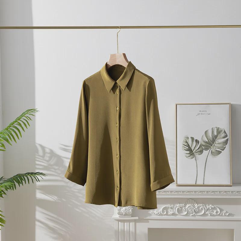 Women's Elegant Silk Commuting Shirt, Solid Color, Three-Quarter Sleeves, Mulberry Silk Top