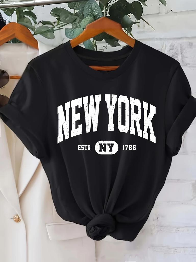 New York Letter Print Crew Neck TShirt Casual Short Sleeve Top for Spring Summer Short Sleeved Harajuku Streetwear Tops Tees