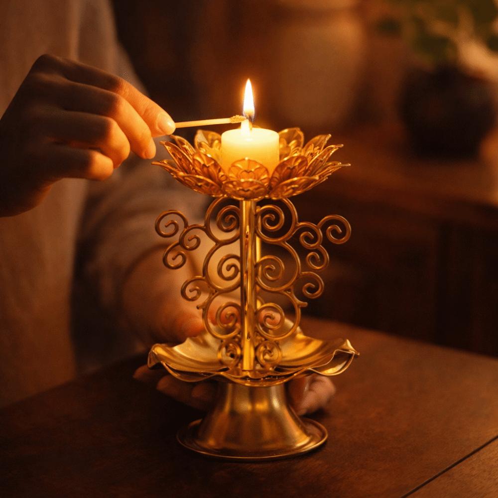 Retro Metal Lotus Lamp Exquisite Gold Candle Holder Flower Stand Ghee Lamp Holder Home Decoration